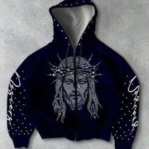 Navy Blue Rhinestone Jesus Hoodie